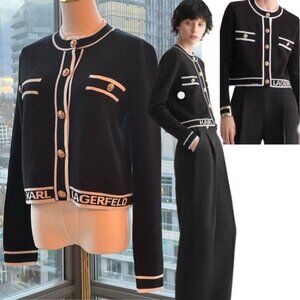 🆕 KARL LAGERFELD 🧿 NWT Classic Cardigan with Logo Embroidery & Buttons, Sz S